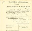Registo de um veiculo de duas rodas tirado por dois animais de espécie muar destinado a transporte de mercadorias em nome de António Brás Rilhas Júnior, morador no Mucifal.