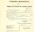 Registo de um veiculo de duas rodas tirado por um animal de espécie muar destinado a transporte de mercadorias em nome de Domingos da Silva Canadas, morador em Almargem do Bispo.