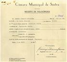 Registo de velocípede de marca Mavic, com o nº 9928, em nome de Aníbal Joaquim Sebastião, morador em Codiciera.