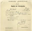 Registo de velocípede de marca Champion, com o nº 599, em nome de João Vicente, morador na Rua Nova da Costa, Idanha.