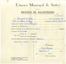 Registo de velocípede de marca Sachs, com o nº 9568, em nome de Fernando da Silva, morador em Massamá.