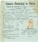 Registo de matricula de velocipedista em nome de António Garcia Nunes Ribeiro, morador em Sintra, com o nº de inscrição 884.