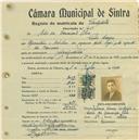 Registo de matricula de velocipedista em nome de Elio da Conceição Silva, morador na Penha Longa, com o nº de inscrição 615.