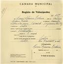 Registo de velocípede com o nº 2379, em nome de Maria Almira Medina, moradora em Sintra.
