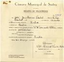 Registo de velocípede de marca Vitória, com o nº 9788, em nome de José Guilherme Pombal, morador em Sintra.