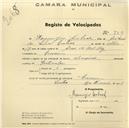 Registo de velocípede de marca Nacional, com o nº 750, em nome de Domingos Cabral, Cacem.morador em 