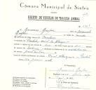 Registo de um veiculo de duas rodas tirado por dois animais de espécie bovina destinado a transporte de mercadorias em nome de Germano Gaspar, morador no Casal da Albergaria, Pendão.
