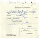 Registo de velocípede de marca Origam, com o nº 8686, em nome de Domingos Vieira Urmal, morador em Montelavar.