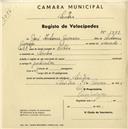 Registo de velocípede com o nº 1798, em nome de José António Guerreiro, morador em Sintra.