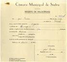 Registo de velocípede com o nº 9904, em nome de José Pereira, morador em Carenque.