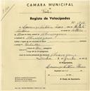 Registo de velocípede com o nº 1838, em nome de Lourenço António Torres, morador em Almoçageme.