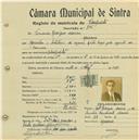 Registo de matricula de velocipedista em nome de Fernando Rodrigues Moreira, morador em Massamá, com o nº de inscrição 736.