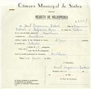 Registo de velocípede de marca Alpino, com o nº 8458, em nome de Raul Benjamim Cristovão, morador em Montelavar.