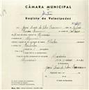 Registo de velocípede de marca Flecha, com o nº 4485, em nome de José Luís da Silva Brancanes, morador em Algueirão.