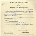 Registo de velocípede de marca Origan, com o nº 3704, em nome de José Augusto da Conceição Santos, morador em Rio de Mouro.