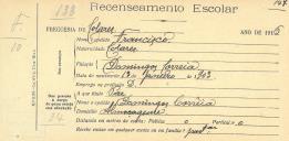 Recenseamento escolar de Francisco Correia, filho de Domingos Correia, morador em Almoçageme.