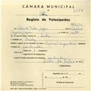 Registo de velocípede com o nº 4297, em nome de Adérito Teles Lopes, morador em Queluz.