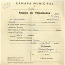 Registo de velocípede com o nº 4167, em nome de João Canelas, morador em Queluz.