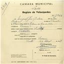 Registo de velocípede de marca Soltex, com o nº 2966, em nome de Miguel José Baleia, morador em Sacario.