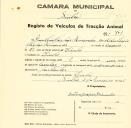 Registo de um veiculo de duas rodas tirado por um animal de espécie cavalar destinado a transporte de mercadorias em nome de Justino Gaspar Fernandes, morador no Linhó.