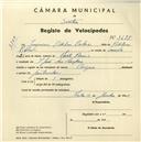 Registo de velocípede de marca Origan, com o nº 3685, em nome de Joaquim Adelino Baleia, morador em S. João das Lampas.