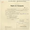 Registo de velocípede de marca Star Cross, com o nº 14, em nome de Domingos Manuel Casinhas, morador em Fação.