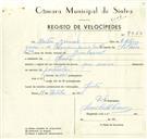 Registo de velocípede com o nº 9363, em nome de Heitor Gomes, morador em Sintra.