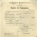 Registo de velocípede de marca Helios, com o nº 3949, em nome de Albino Duarte, morador em Linhó.
