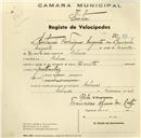 Registo de velocípede de marca Zenith, com o nº 99, em nome de António Rodrigues Augusto, morador em Colares.