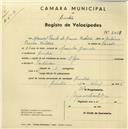 Registo de velocípede de marca Olga, com o nº 2459, em nome de Manuel Paulo de Sousa Roldão, morador em Sintra.