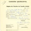 Registo de um veiculo de duas rodas tirado por dois animais de espécie bovina destinado a transporte de mercadorias em nome de Luís Maria Carrapatero Lopes da Fonseca, morador na Quinta dos Lóios, Cacém.