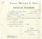 Registo de velocípede de marca Raio, com o nº 9462, em nome de Manuel Duarte Raio, morador em Sintra.