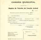 Registo de um veiculo de duas rodas tirado por dois animais de espécie bovina destinado a transporte de mercadorias em nome de Sociedade Agrícola Abastecedora Sagrial,Ldª. sediada em Belas.