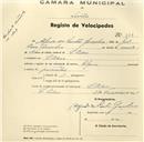 Registo de velocípede de marca Elgin, com o nº 304, em nome de Alfredo dos Santos Gonçalves, morador em S. Pedro de Sintra.