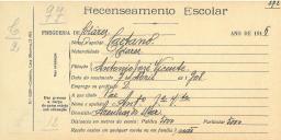 Recenseamento escolar de Caetano Vicente, filho de António José Vicente, morador nas Azenhas do Mar.