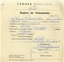 Registo de velocípede de marca Soltex, com o nº 3375, em nome de Manuel Duarte Raio, morador em Sintra.