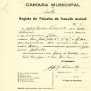 Registo de um veiculo de duas rodas tirado por dois animais de espécie bovina destinado a transporte de mercadorias em nome de Alfredo Gustavo Luberminter, morador na Rua Latino Coelho, nº 5 em Lisboa.