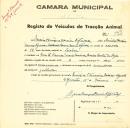 Registo de um veiculo de duas rodas tirado por dois animais de espécie muar e asinina destinado a transporte de mercadorias em nome de Mário Henrique Xavier Nogueira, morador na Rua L, Vivenda Maria Cândida, Bairro Santos.