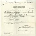 Registo de velocípede de marca Pombal, com o nº 5738, em nome de José Pinheiro Líbano, morador em Rua Vítor Cordon, Belas.