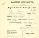 Registo de um veiculo de duas rodas tirado por um animal de espécie muar destinado a transporte de mercadorias em nome de Joaquim Caetano Miranda, morador em Santa Susana.