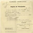 Registo de velocípede com o nº 1570, em nome de Maria Fernanda da Cunha Monteiro Cardoso, morador em Praia das Maçãs.