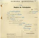 Registo de velocípede de marca Dérbi, com o nº 570, em nome de Ernesto Augusto Costa, morador em Belas.