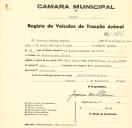 Registo de um veiculo de duas rodas tirado por um animal de espécie muar destinado a transporte de mercadorias em nome de Joaquim Duarte Resina, morador em Monte Santos.