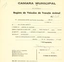 Registo de um veiculo de duas rodas tirado por dois animais de espécie cavalar destinado a transporte de mercadorias em nome de Sociedade Civil Agrícola Serra-Mar,sediada na Quinta do Anjinho.