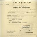 Registo de velocípede de marca Soltex, com o nº 2824, em nome de António Manuel Raimundo, morador em Alcolombal.