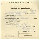Registo de velocípede de marca Nacional, com o nº 4151, em nome de Fernando Coelho Santos Feiteira, morador em S. João das Lampas.