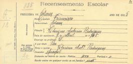 Recenseamento escolar de Francisco Rodrigues, filho de Vitorino António Rodrigues, morador no Mucifal.