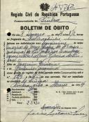 Boletim de óbito de Maria de Jesus Lapa, moradora na Ribeira de Sintra, sepultada no coval nº 7762, do cemitério de S. Marçal.