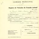 Registo de um veiculo de duas rodas tirado por dois animais de espécie asinina destinado a transporte de mercadorias em nome de Manuel Baleia Branco, morador em Almorquim.