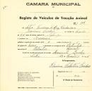 Registo de um veiculo de duas rodas tirado por um animal de espécie asinina destinado a transporte de mercadorias em nome de Artur Francisco da Luz Cardoso, morador em Massamá.